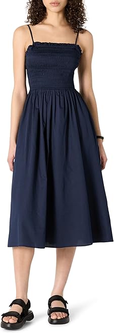 Women's Regular-Fit Cotton Sateen Smocked Bodice Midi Dress