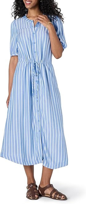 Women's Fit and Flare Half-Sleeve Waisted Midi A-Line Dress with Pockets